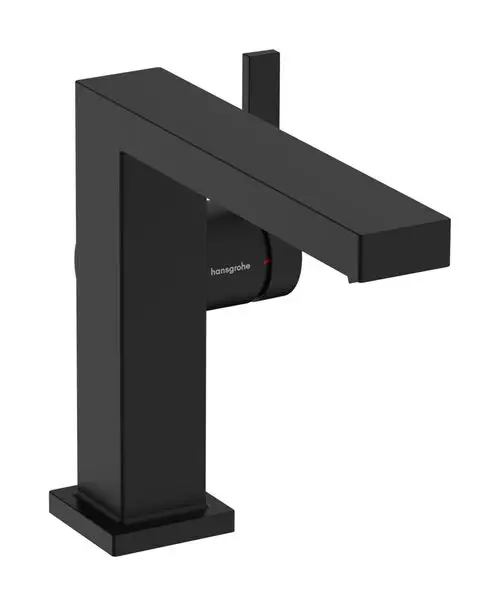 Schwarzer Einhebel-Waschtischmischer von Hansgrohe mit quadratischem Design und integrierter Push-Open Ablaufgarnitur. Ideal für moderne Badezimmer.